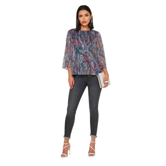 TED BAKER  BEAATHA - TEAL-BLUE BLOUSE PAISLEY SIZE 1 US XS - Picture 1 of 12